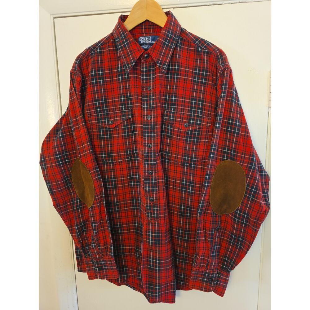 Polo Ralph Lauren Men's Red Plaid Woodsman Workshirt Leather Elbow Patches LRG